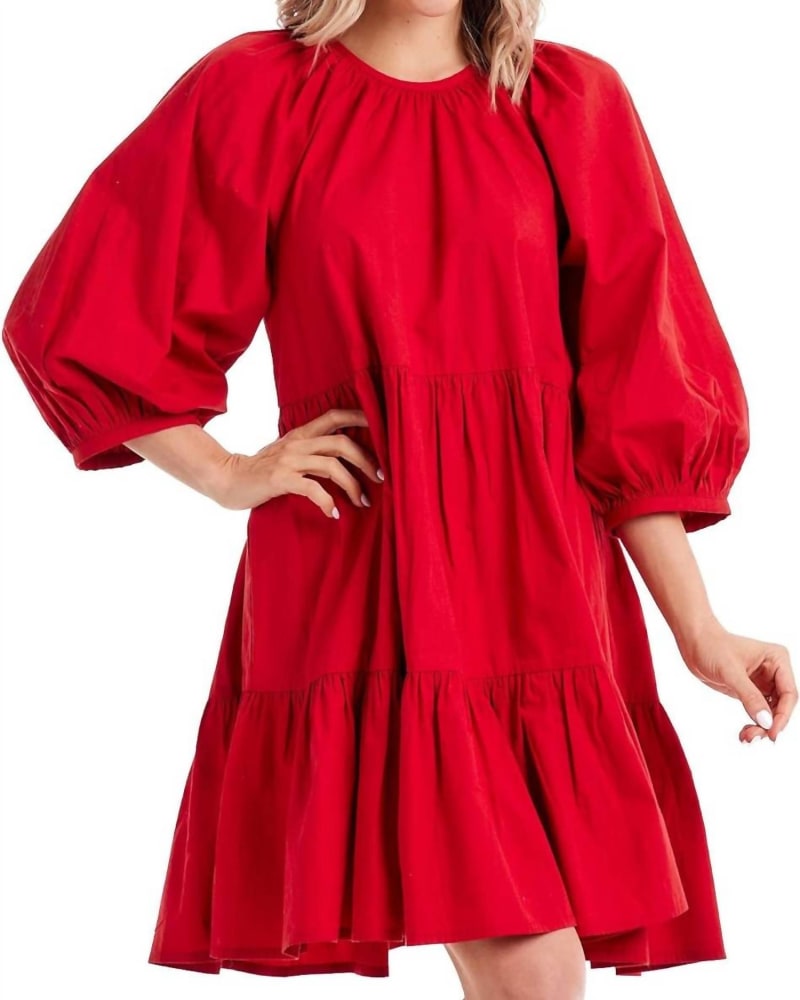 Front of a model wearing a size L Adriana Bow Dress In Red in Red by mudpie. | dia_product_style_image_id:352128